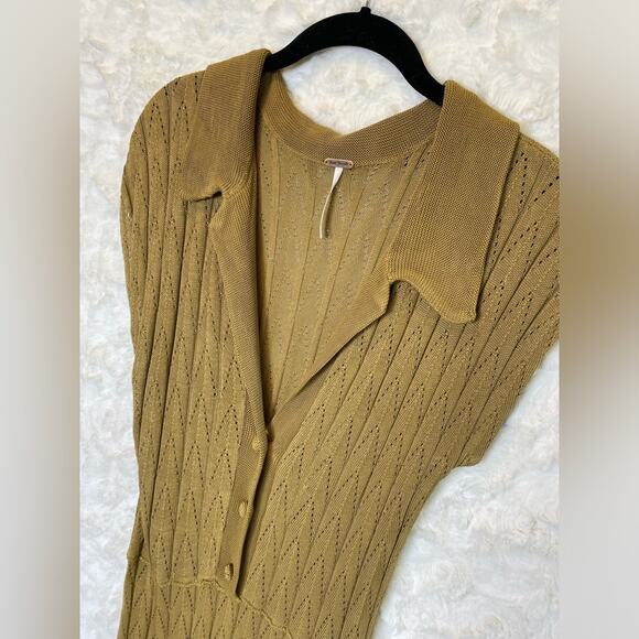 Free People Women's Open Knit Collared Dress Size Small Mustard Color Coquette - Picture 2 of 13